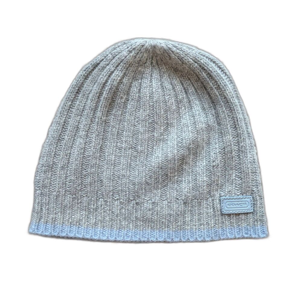 Coach Gray and Baby Blue Lambswool and Cashmere Blend Knit Beanie